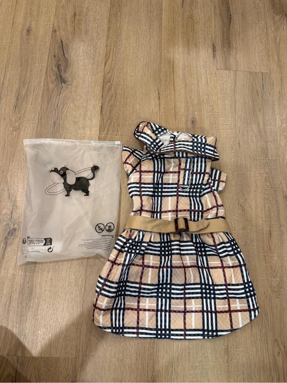 PETCIRCLE Plaid Dog Dress XL Beige Black Check Belt Bow Pet Outfit Costume